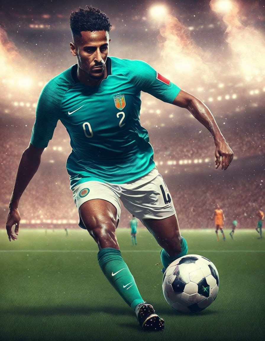 Turquoise Jersey Number 02 Football Player Dribbling in Stadium