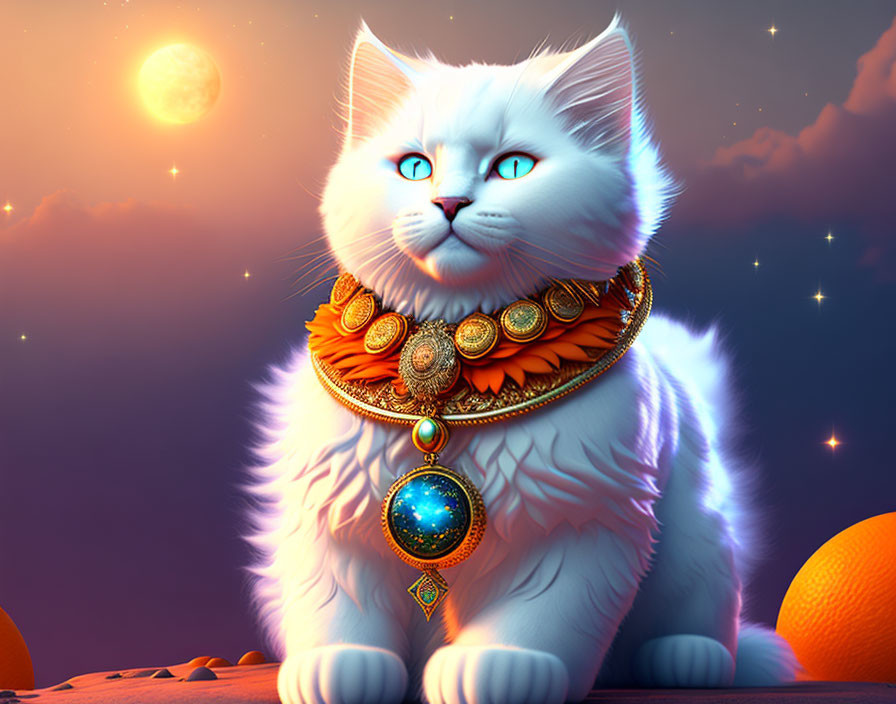 White Cat with Blue Eyes Wearing Golden Collar Under Starry Sky