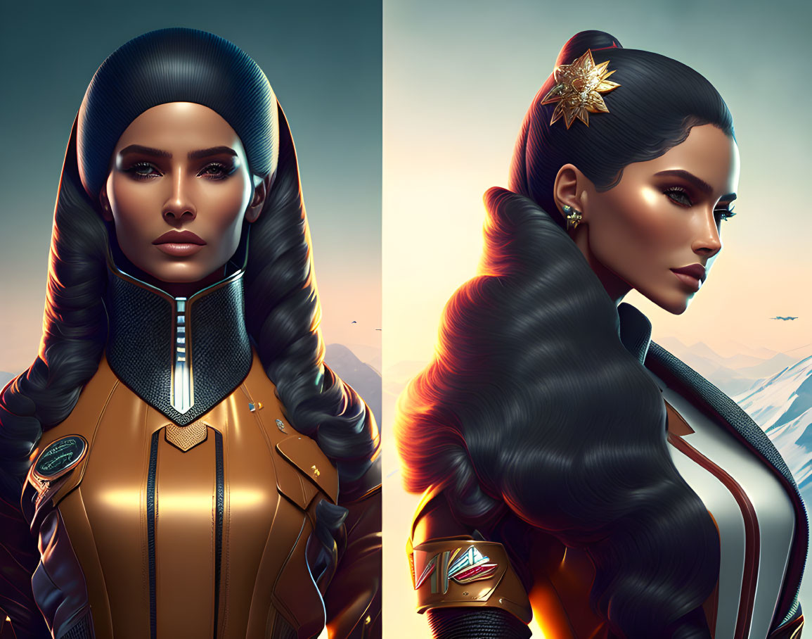 Split futuristic woman in gold & white outfits with detailed hair & high-tech suit