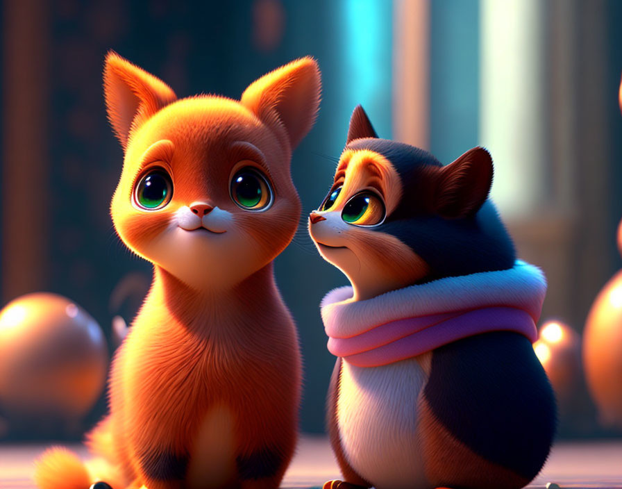 Adorable animated kittens with large eyes in warm setting