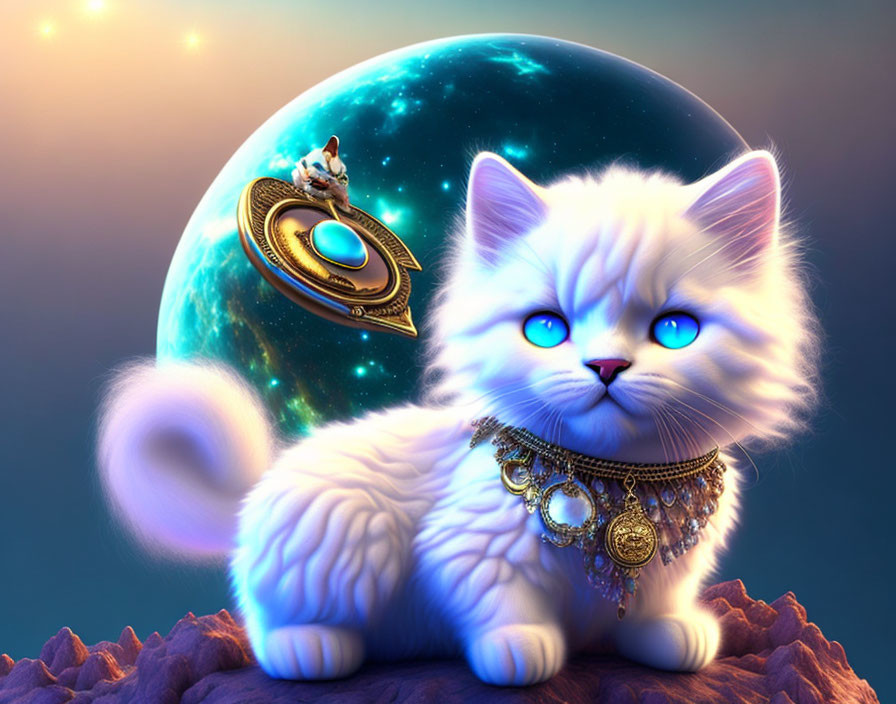 Whimsical digital art: White fluffy cat with ornate jewelry, glowing earth, and magical hover