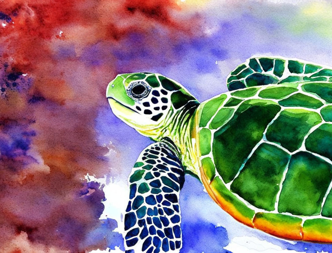 Colorful Watercolor Painting of Sea Turtle with Patterned Shell