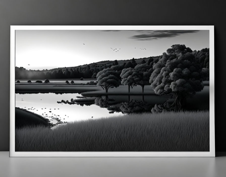 Serene monochrome lake landscape with trees and birds in flight displayed on wall