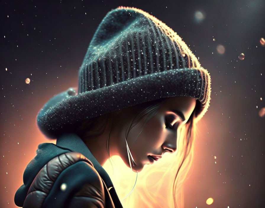 Digital artwork: Woman in profile with beanie, glowing bokeh effects for night or starry ambiance