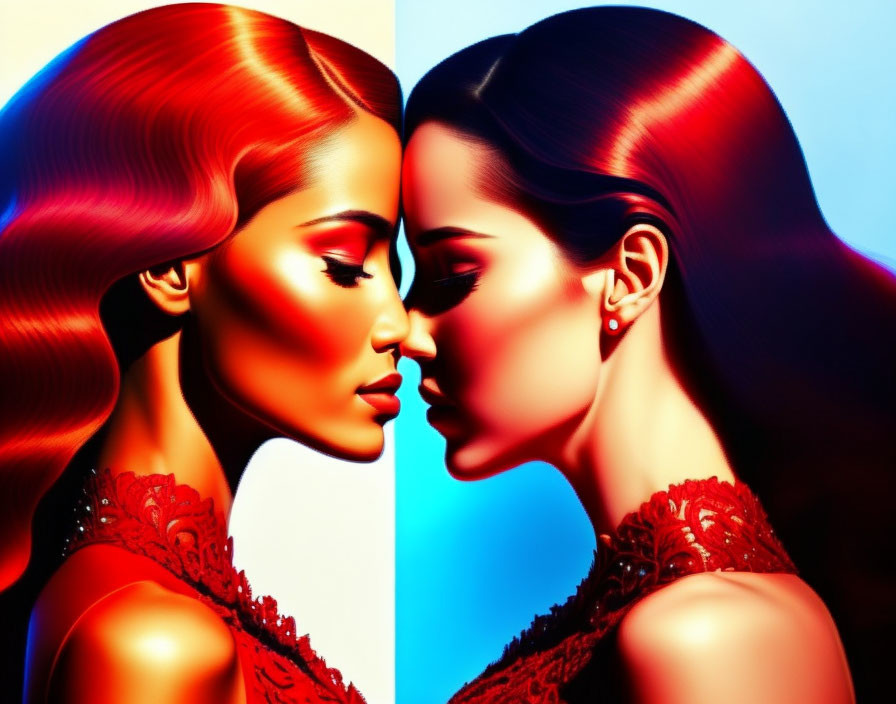 Stylized female figures with red hair and outfits on blue background