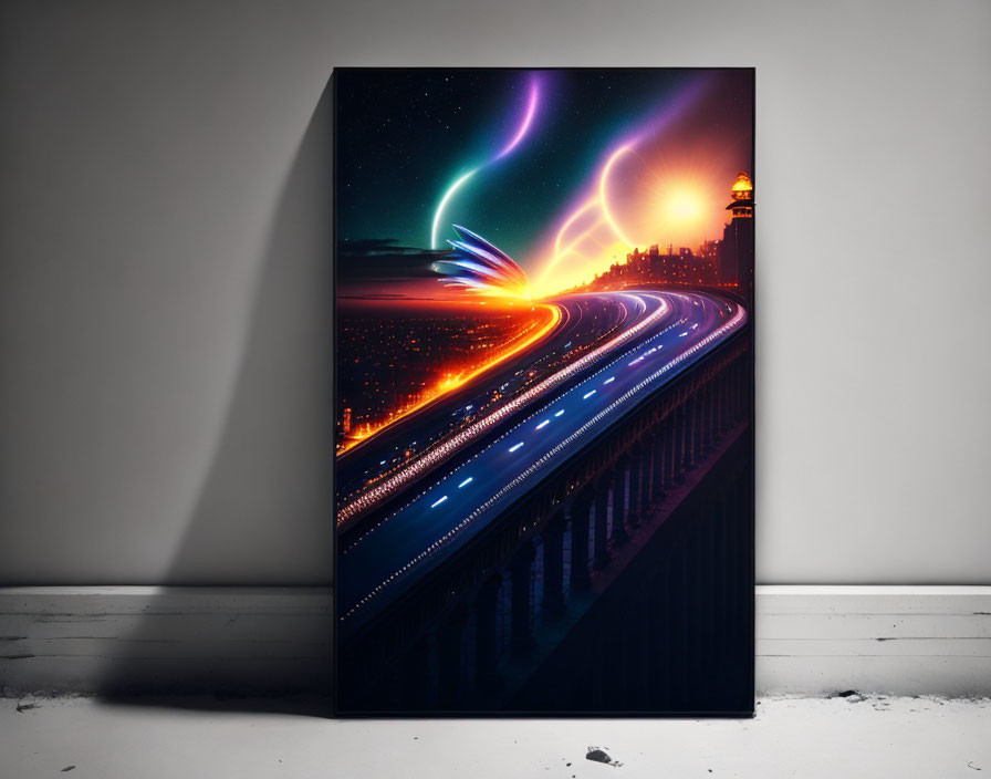 Futuristic cityscape canvas print with vibrant light trails and neon auroras