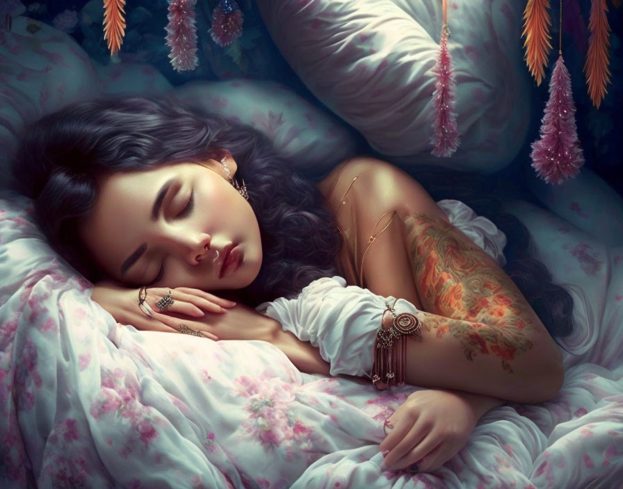 Tattooed woman sleeps surrounded by elegant jewelry and flowers