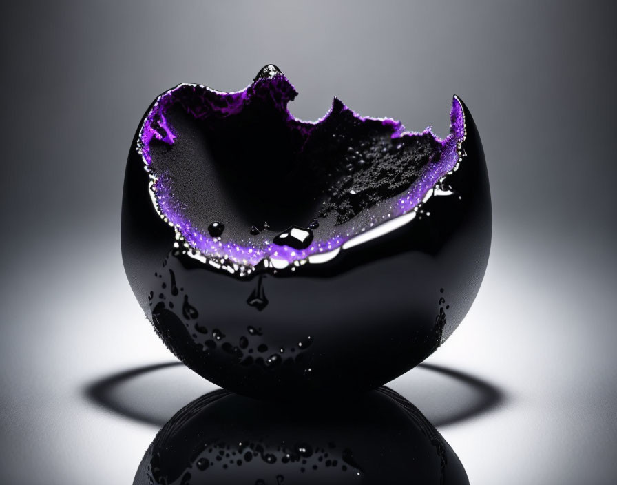 Shiny black orb with jagged purple edges on dark reflective surface