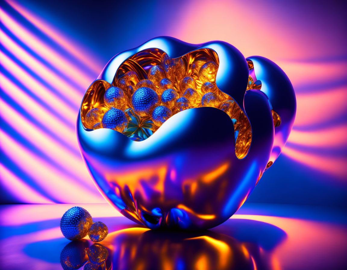 Metallic 3D Art: Spherical Shapes, Blue and Purple Lights