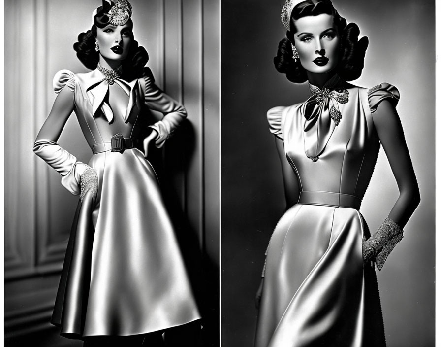 Vintage Black and White Fashion Images of Elegant Women in Stylish Dresses