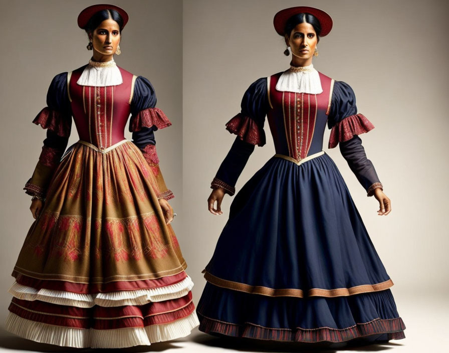 Traditional folk dresses with navy blue skirts and white aprons.