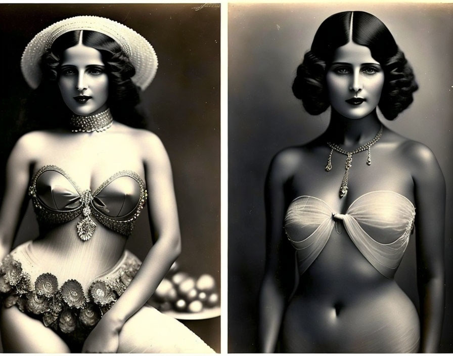 1920s Style Vintage Black and White Photos of Woman in Elaborate Outfits