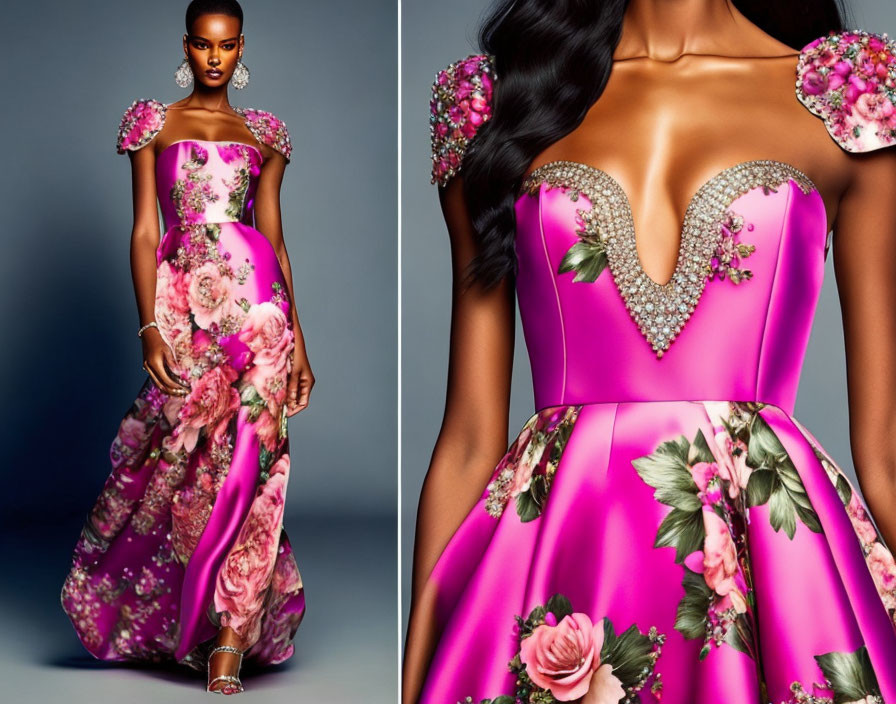 Vibrant pink floral gown with beadwork and ornamental shoulder pieces