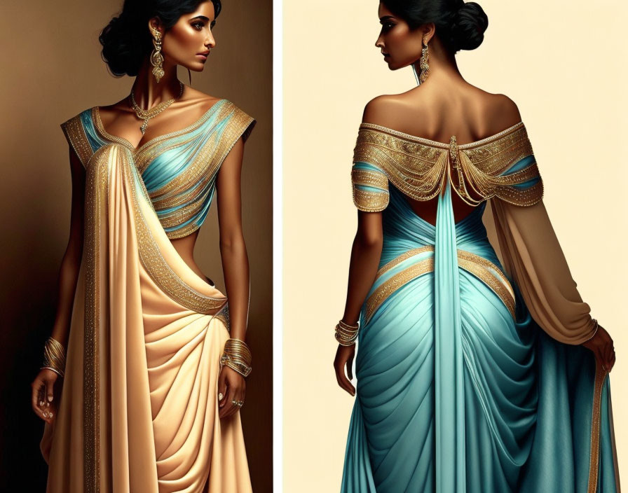 Two Elegant Dresses with Draped Fabric and Ornate Shoulder Detail