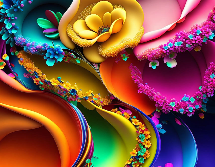 Colorful abstract art with swirling shapes and bright flower details