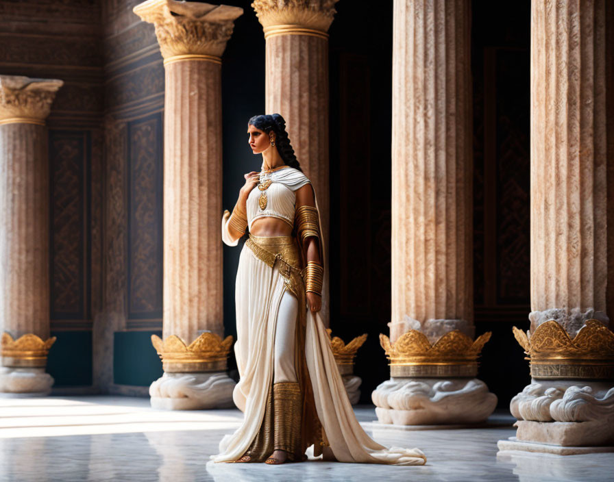 Elegant woman in ancient Egyptian attire in grand hall with columns