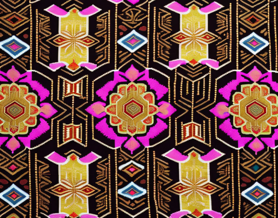 Symmetrical Floral Motifs in Pink, Yellow, and Blue on Dark Geometric Background