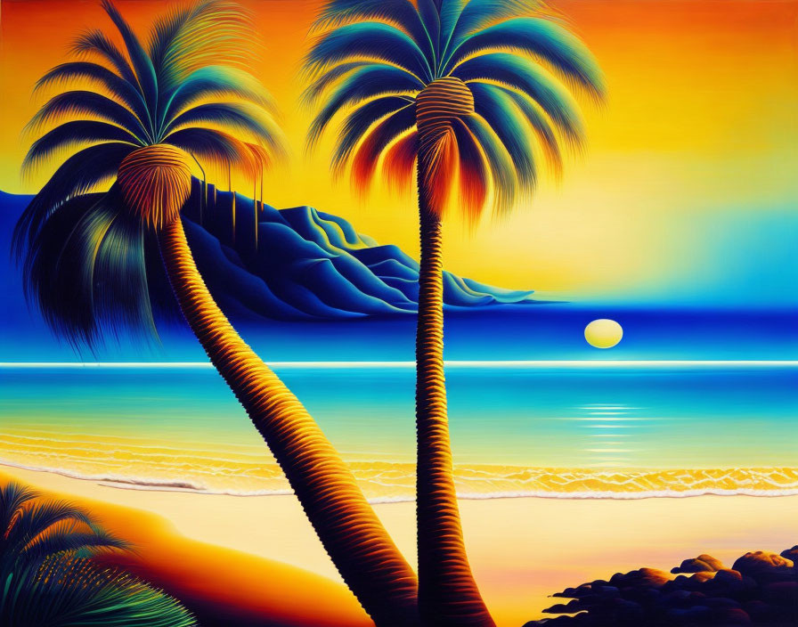 Scenic tropical beach sunset with palm trees, ocean, mountains, orange and blue sky, setting sun