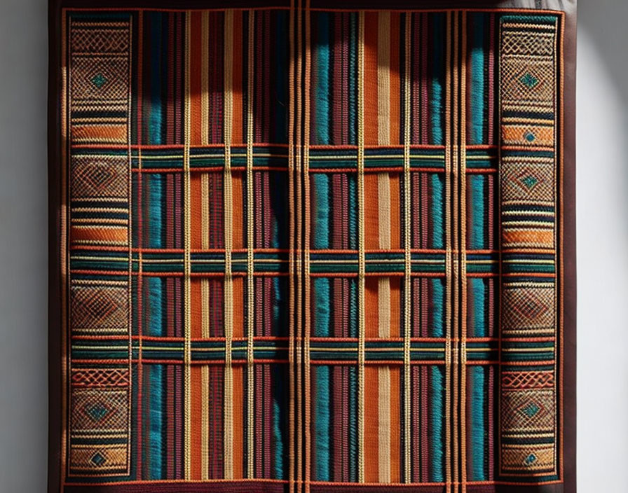 Geometric pattern woven textile in teal, orange, and brown on neutral background