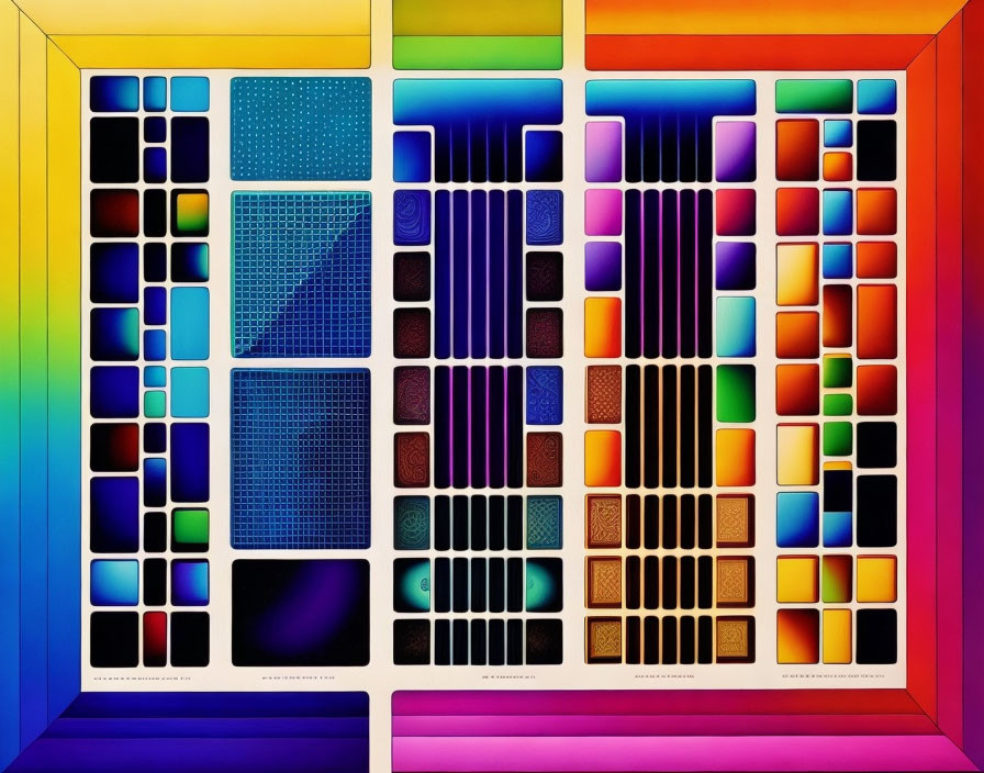 Colorful Abstract Grid with Vibrant Patterns and Rainbow Effect