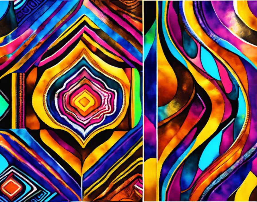 Vibrant abstract stained-glass style art on dark background