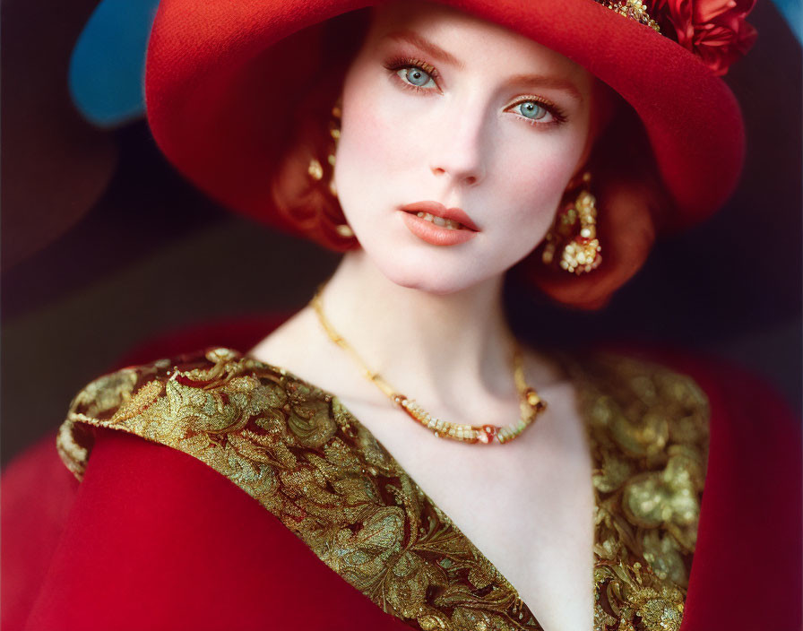 Woman with Striking Blue Eyes in Red Hat and Vintage Outfit