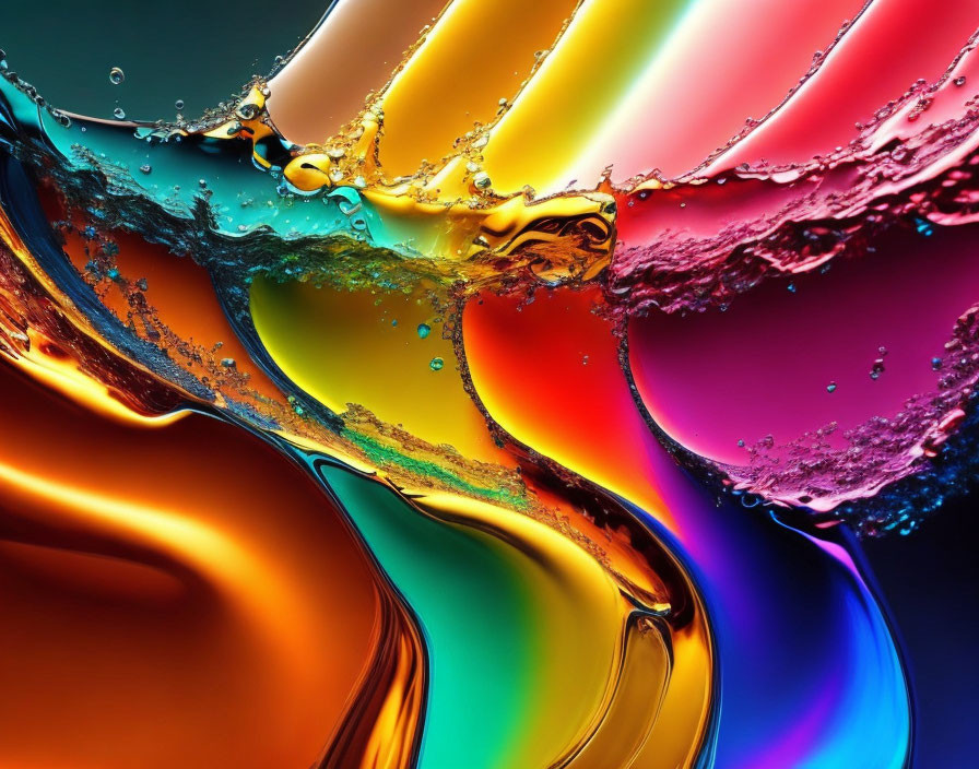 Colorful liquid streams and water droplets on dark background