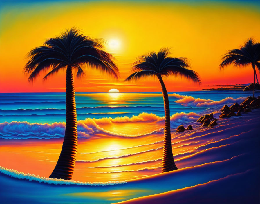 Tropical beach sunset with palm trees, orange skies, clouds, and ocean waves