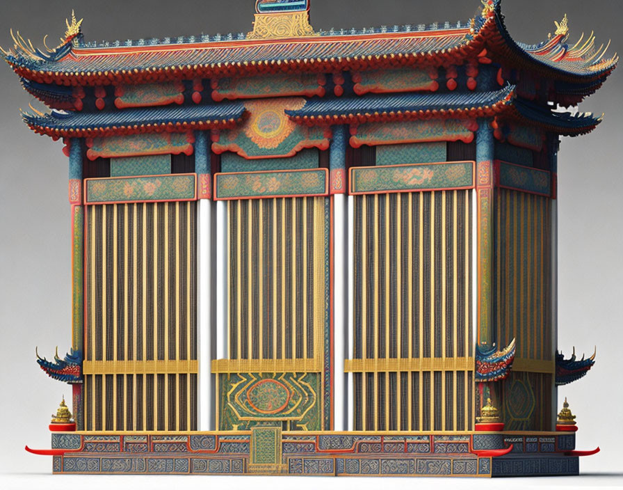 Traditional Asian gate with ornate roof, colorful patterns, and dragon sculptures.