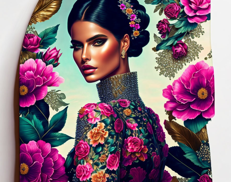 Illustration of woman with sleek hair and floral attire and pink blooms