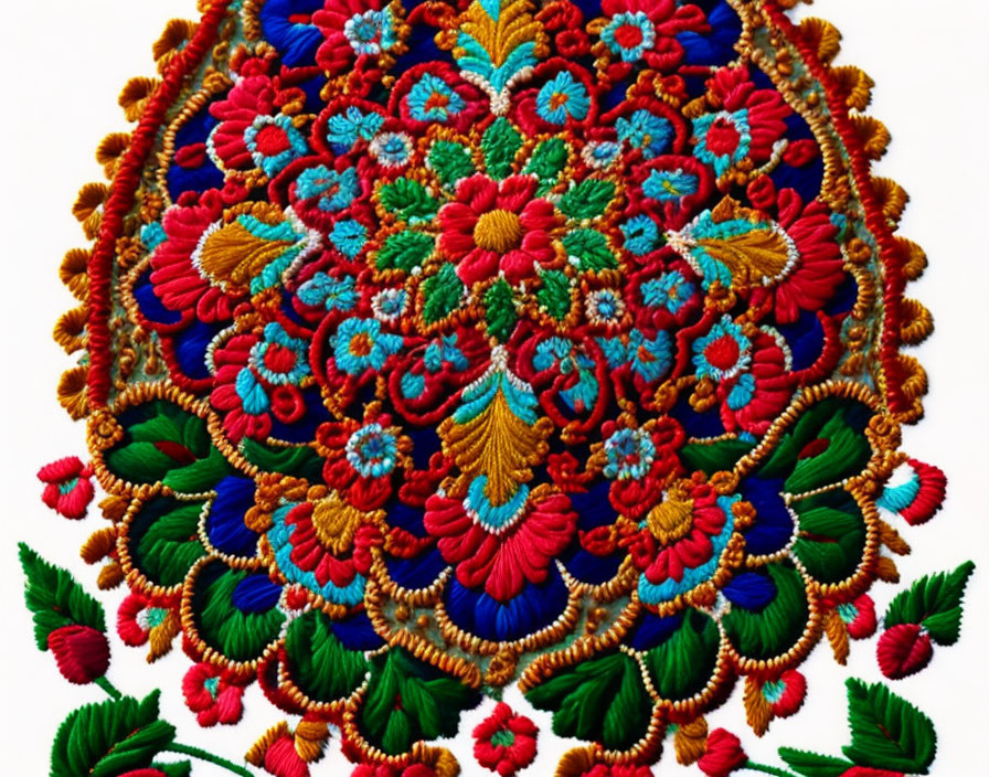 Symmetrical Floral Embroidered Design in Red, Blue, Green, and Gold on White