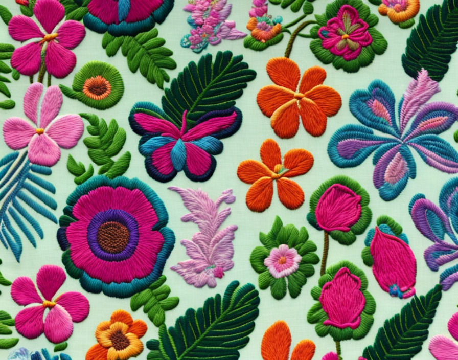 Colorful Floral Embroidered Pattern on Green Background