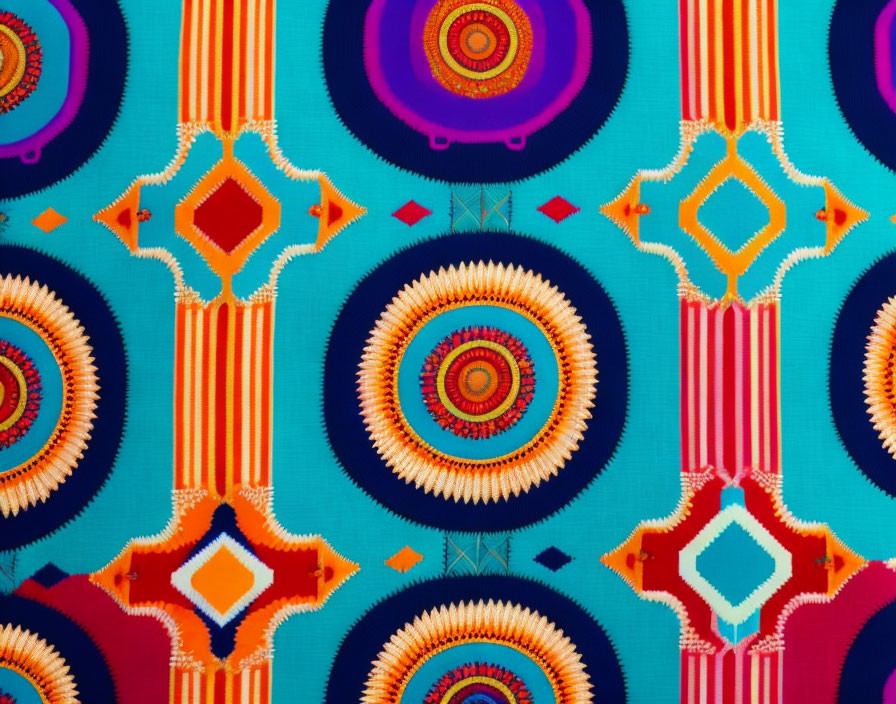 Colorful Geometric Fabric with Symmetric Shapes and Circles