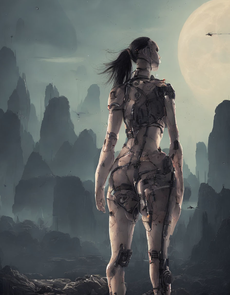 Humanoid robot with exposed mechanical parts in rocky landscape under large moon.