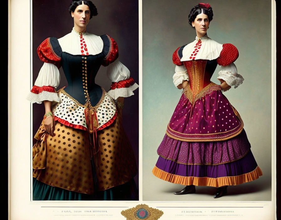 Vintage portraits of women in traditional dresses with polka dots, puffed sleeves, and corseted