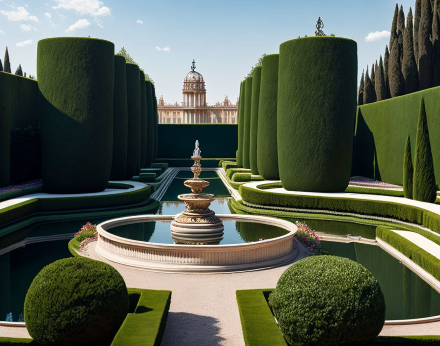 Symmetrical topiary garden with fountain and classical building in clear sky