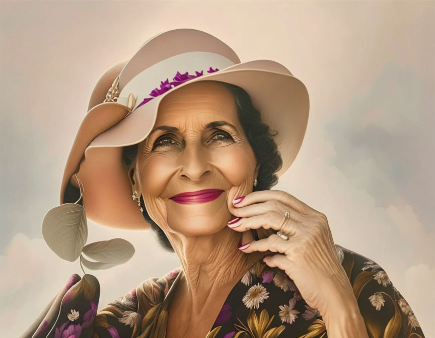 Elderly woman in wide-brimmed hat and floral outfit poses gracefully