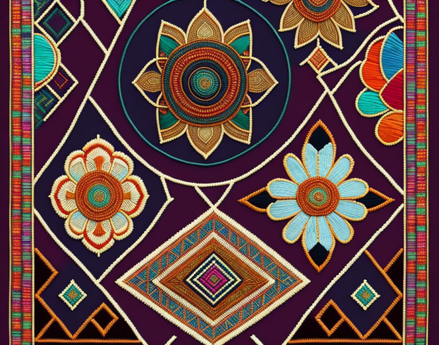 Colorful Geometric and Floral Textile Pattern on Dark Background