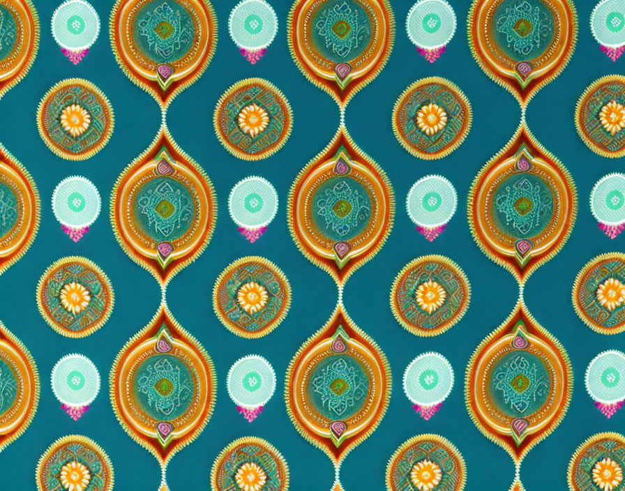 Symmetrical Teardrop Pattern in Orange, Green, and Pink on Turquoise Background