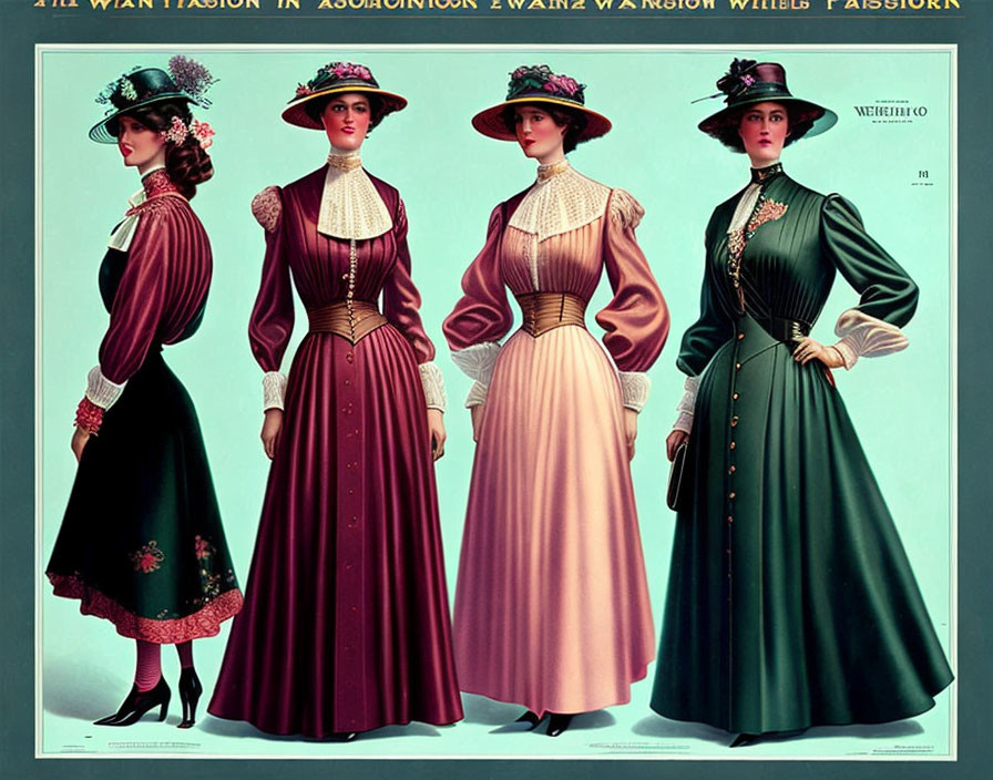 Vintage Edwardian dresses and hats worn by three women with a fashion caption.