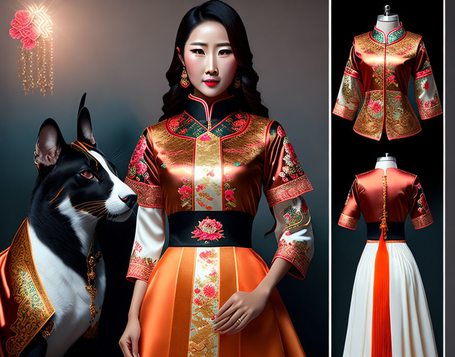 Traditional Asian attire woman with cat and elegant ornate dresses display