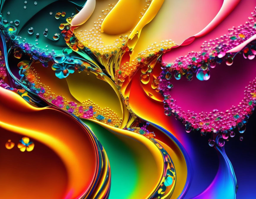 Colorful Abstract Artwork with Liquid Shapes and Water Droplets