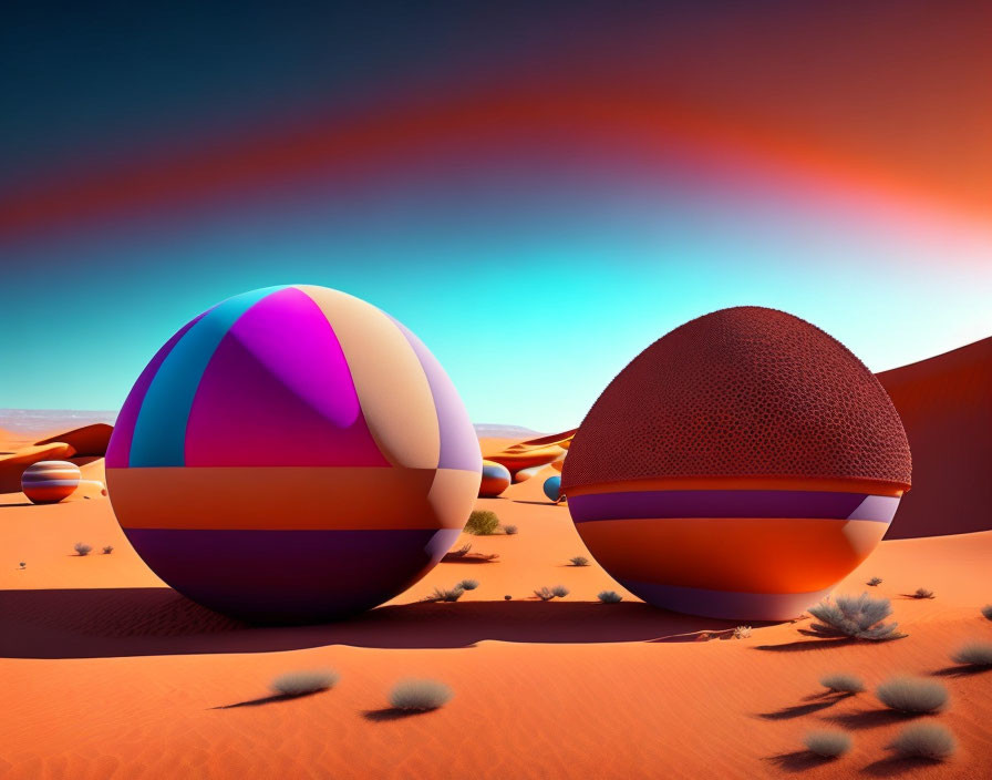 Colorful stylized spheres in desert landscape under red sky