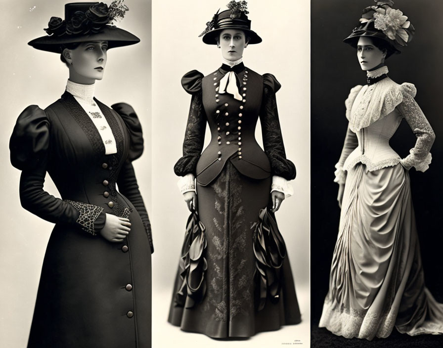 Three vintage portraits of a woman in elegant Victorian attire