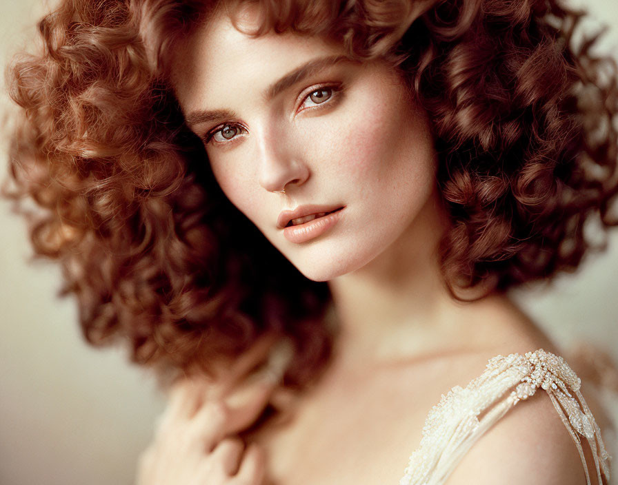 Woman portrait with curly hair, soft makeup, and off-shoulder dress