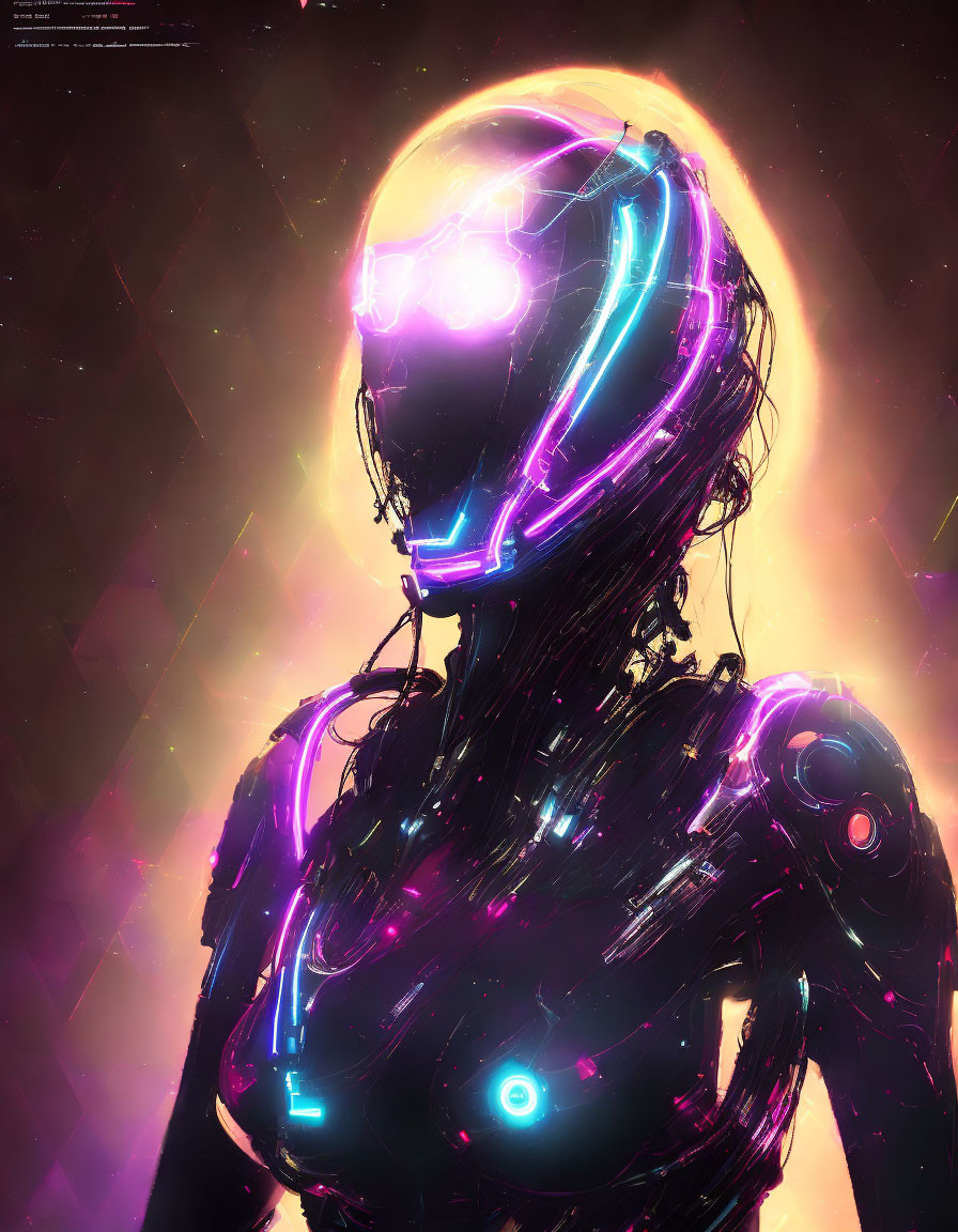 Futuristic cyborg with glowing purple and blue lines on black silhouette