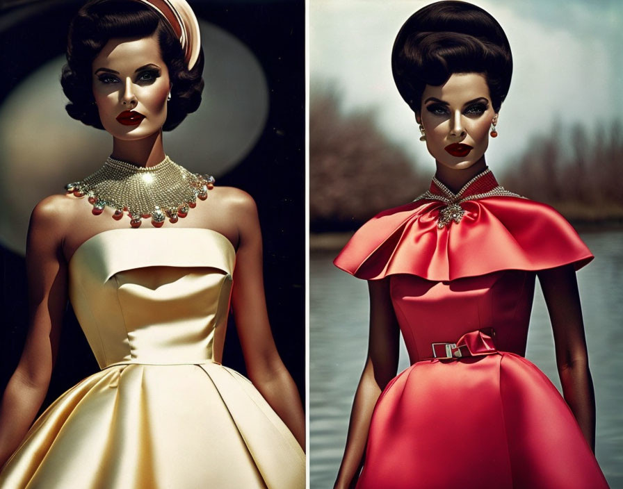 Vintage-style fashion dolls in cream and pink dresses with sophisticated hairstyles and pearl necklaces.