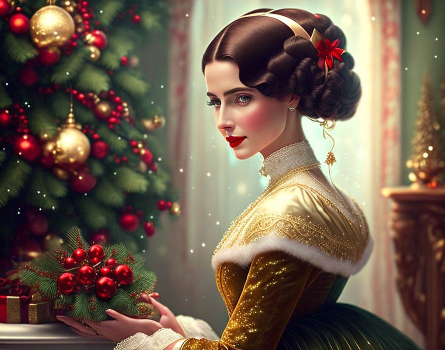 Woman in vintage green and gold dress with red flower, sitting by Christmas tree and gifts