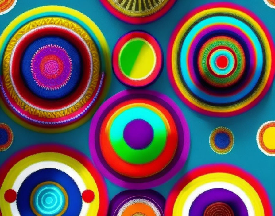 Colorful Circular Patterns on Teal Background: Psychedelic and Abstract Designs