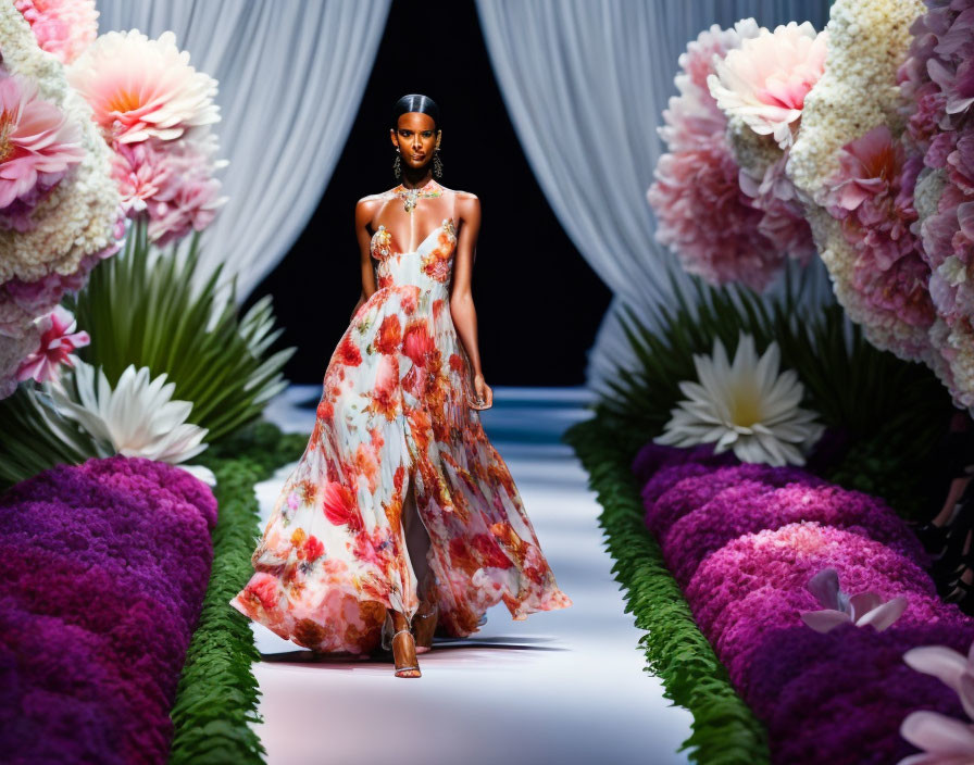 Fashion model showcases floral print dress on flower-lined runway